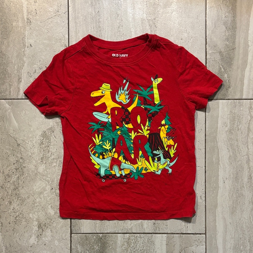Old Navy Red Tee with Colorful Dinosaur Graphic